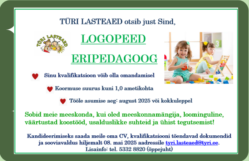Eripedagoogi ja logopeedi kuulutus